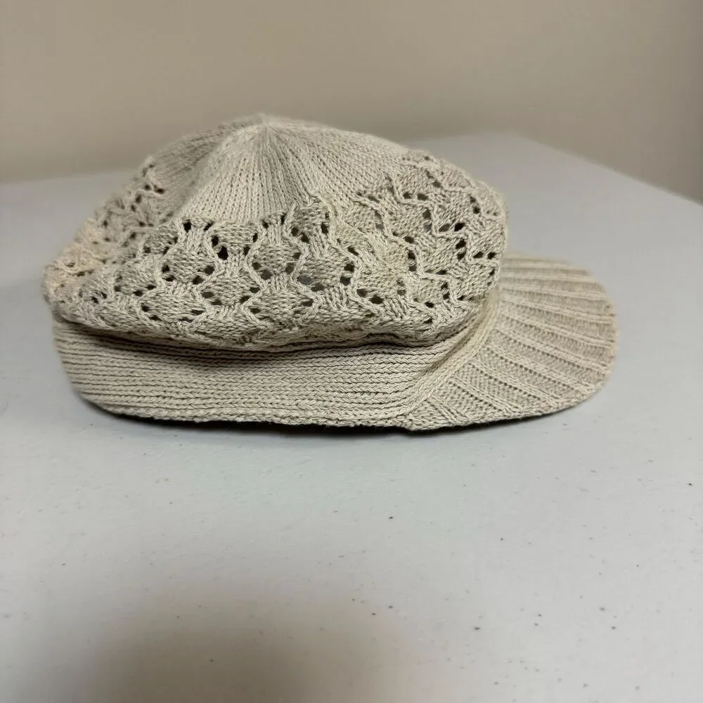 Boho Crochet Cap Brimmed Beanie Hat Women's Lace Ivory Knit Visor Casual Hippie